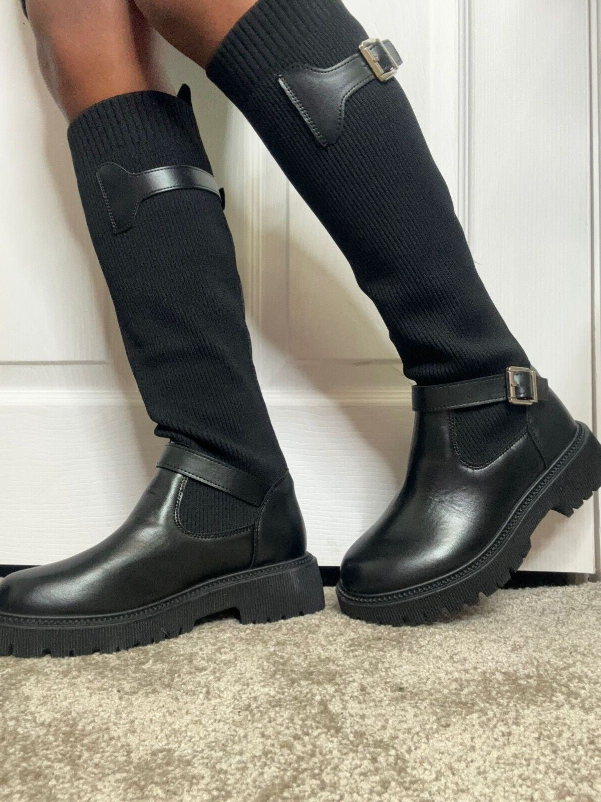 Rubber sole knee high clearance boots