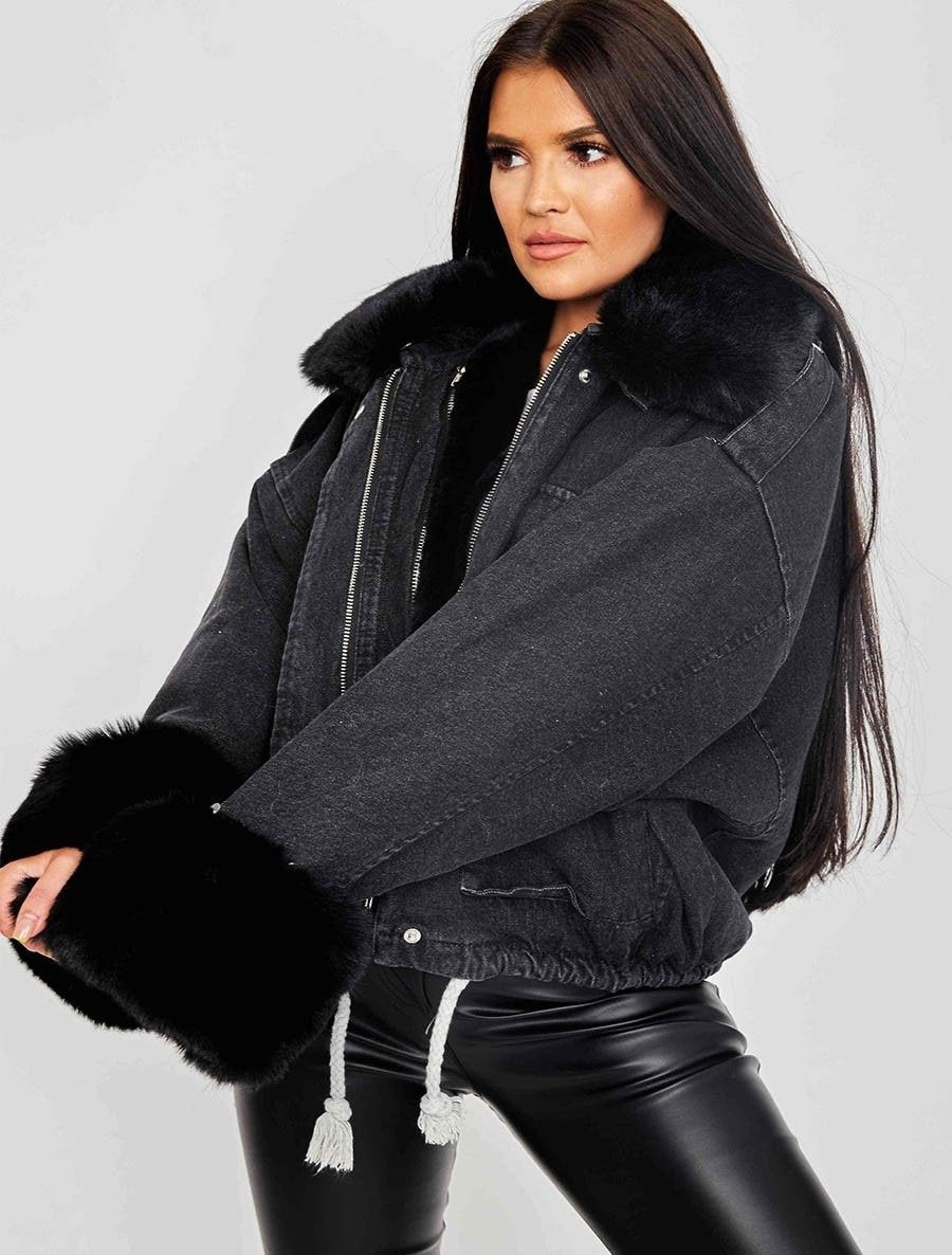 Black With White Fur Oversized Faux Fur Lined Denim Jacket –