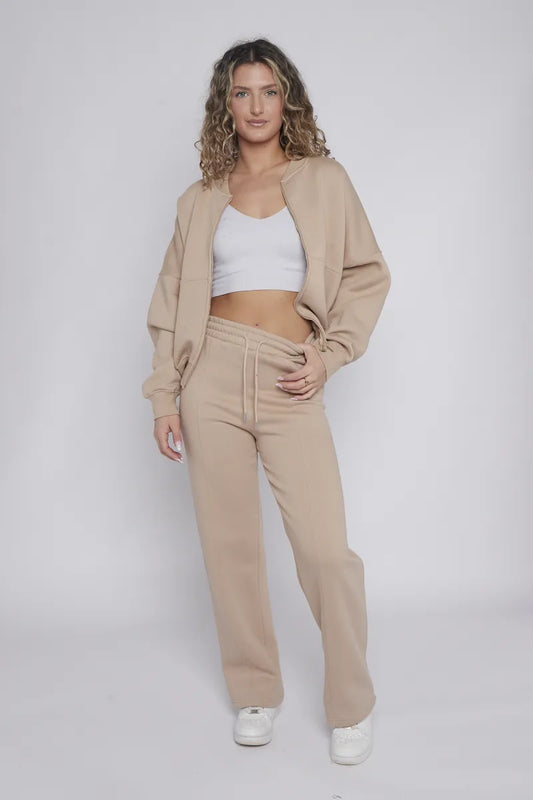 Beige Bomber Style Jacket & Wide Leg Bottoms Co-ord Loungewear Set