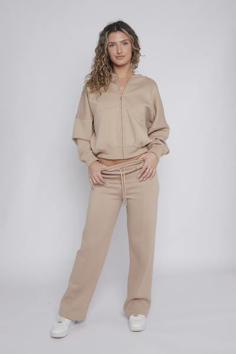 Beige Bomber Style Jacket & Wide Leg Bottoms Co-ord Loungewear Set