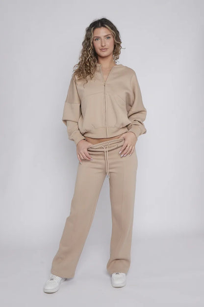 Beige Bomber Style Jacket & Wide Leg Bottoms Co-ord Loungewear Set