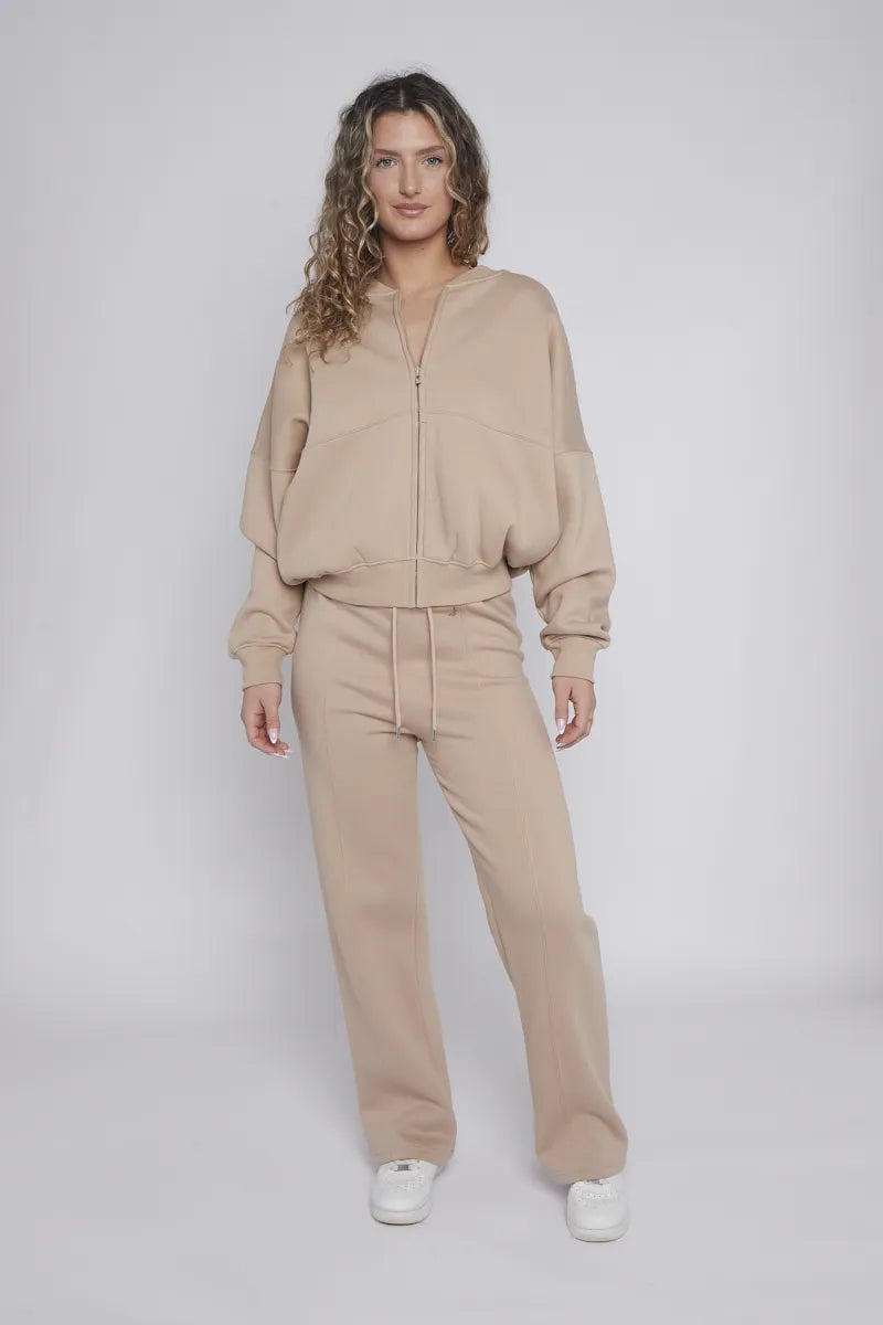 Beige Bomber Style Jacket & Wide Leg Bottoms Co-ord Loungewear Set