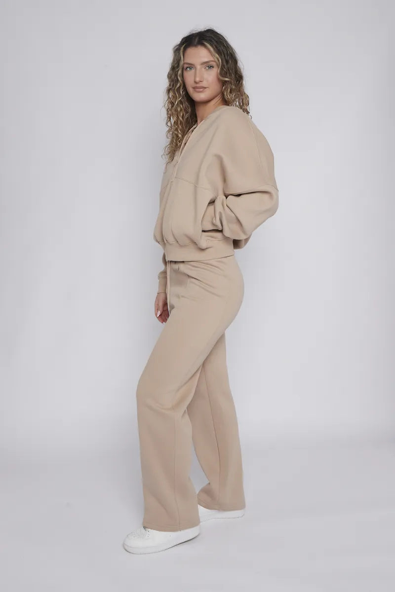 Beige Bomber Style Jacket & Wide Leg Bottoms Co-ord Loungewear Set