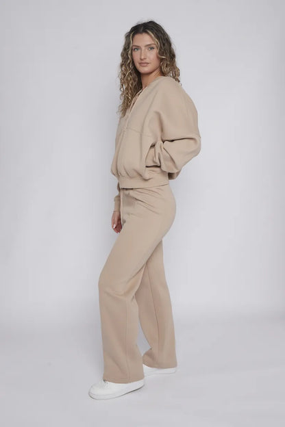 Beige Bomber Style Jacket & Wide Leg Bottoms Co-ord Loungewear Set