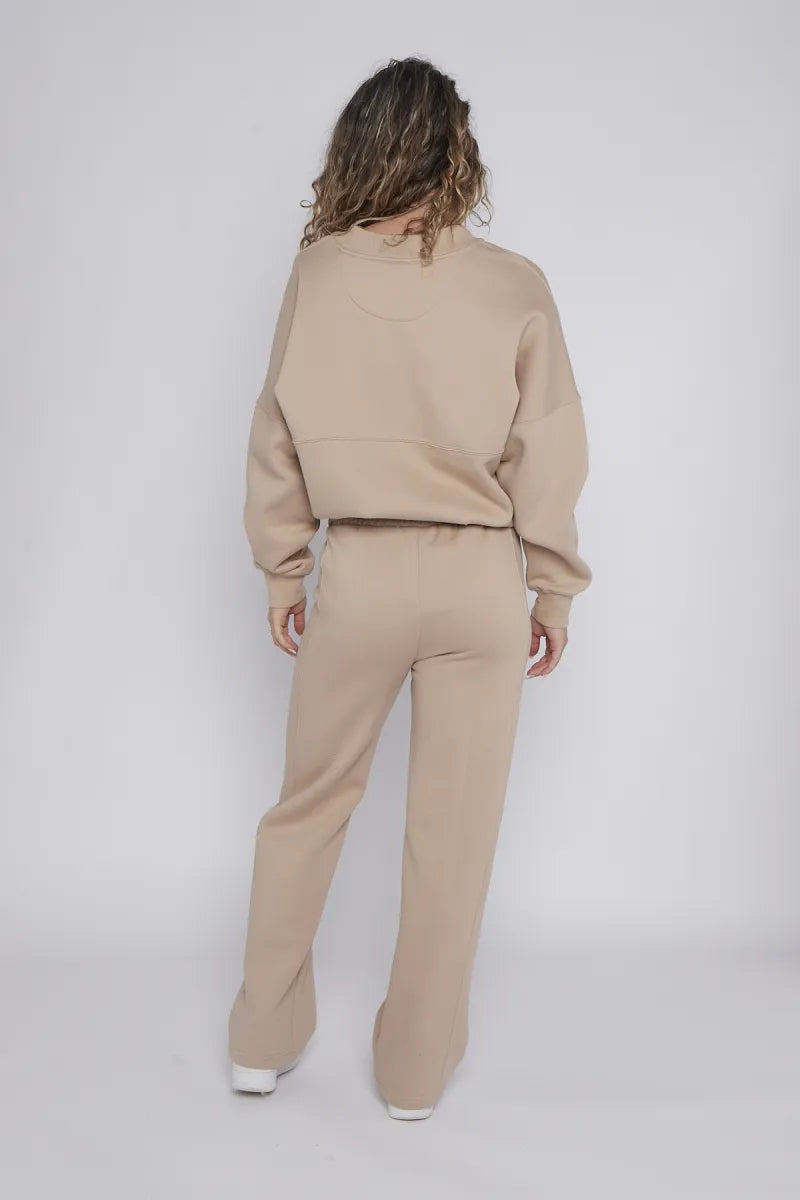 Beige Bomber Style Jacket & Wide Leg Bottoms Co-ord Loungewear Set