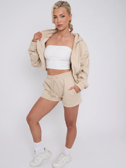 Beige Cropped Ruched Sleeve Hoodie & Shorts Loungewear Co-ord