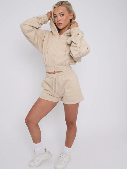 Beige Cropped Ruched Sleeve Hoodie & Shorts Loungewear Co-ord