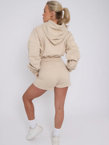 Beige Cropped Ruched Sleeve Hoodie & Shorts Loungewear Co-ord