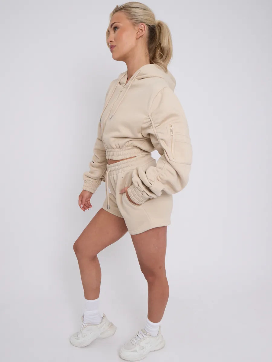 Beige Cropped Ruched Sleeve Hoodie & Shorts Loungewear Co-ord