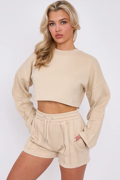 Beige Seam Detail Oversized Crop Jumper & Shorts Loungewear Co-ord