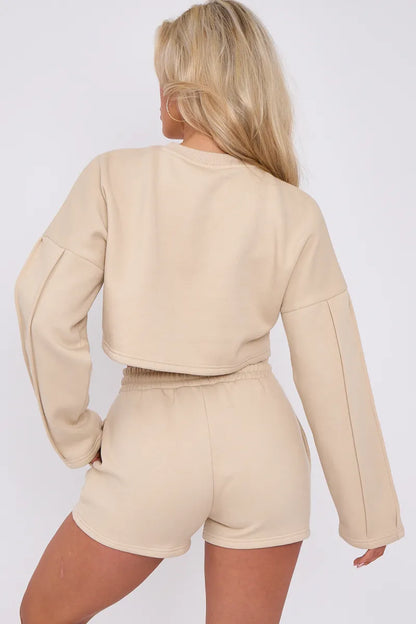 Beige Seam Detail Oversized Crop Jumper & Shorts Loungewear Co-ord