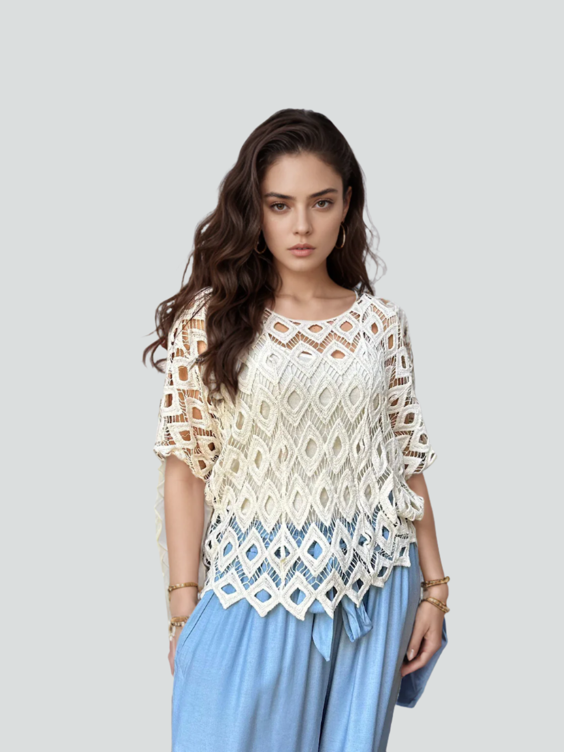 Beige Diamond Crochet Two Piece Batwing Top 