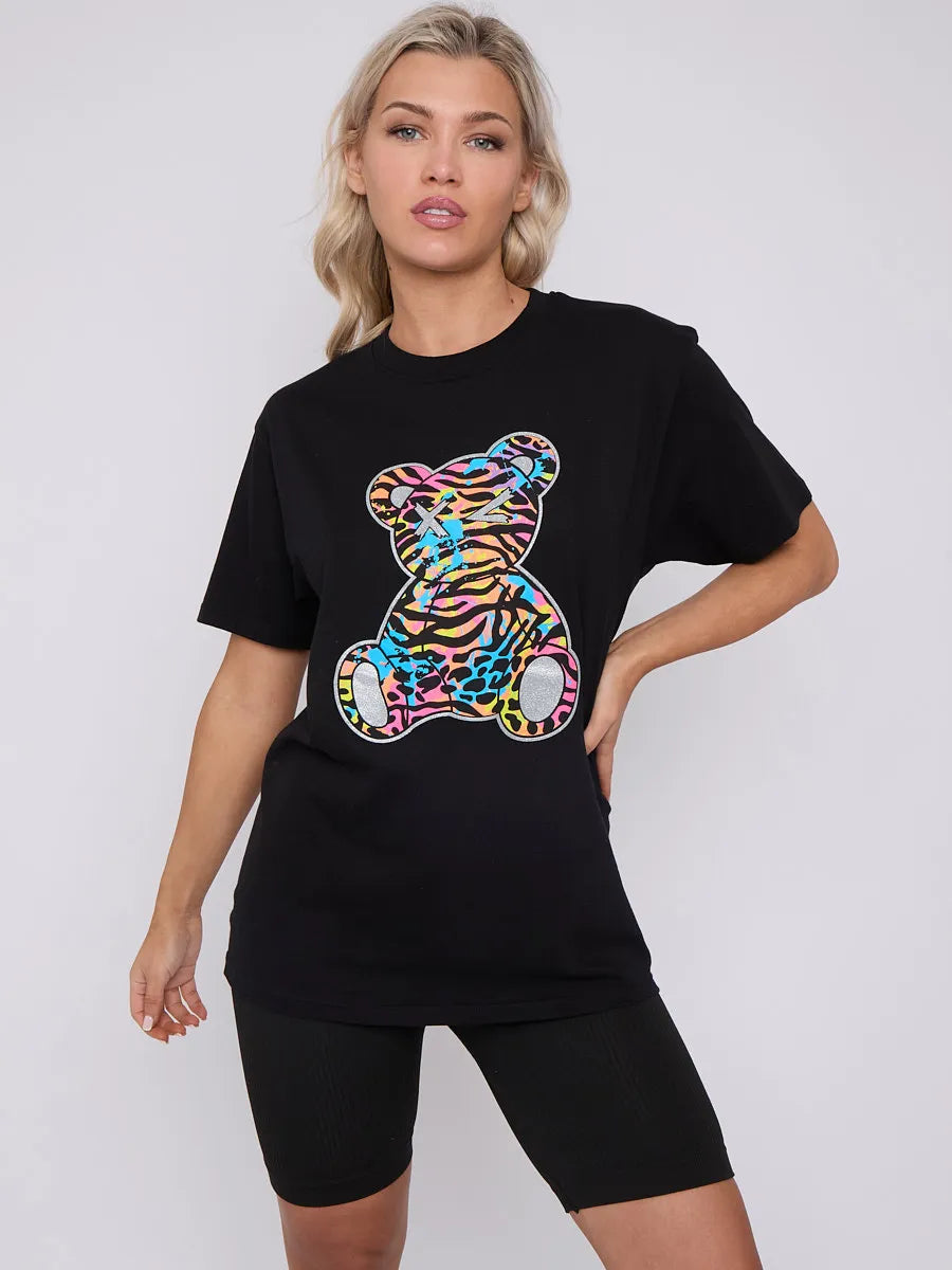 Black Animal Print Teddy Graphic Printed T-Shirt