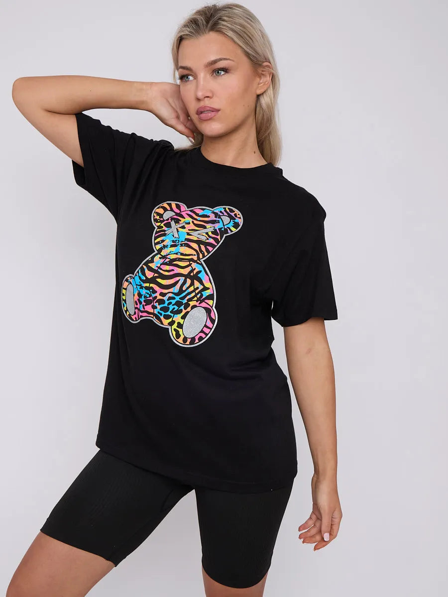 Black Animal Print Teddy Graphic Printed T-Shirt