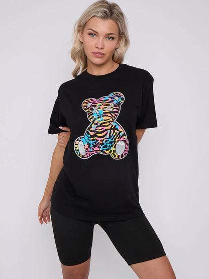 Black Animal Print Teddy Graphic Printed T-Shirt