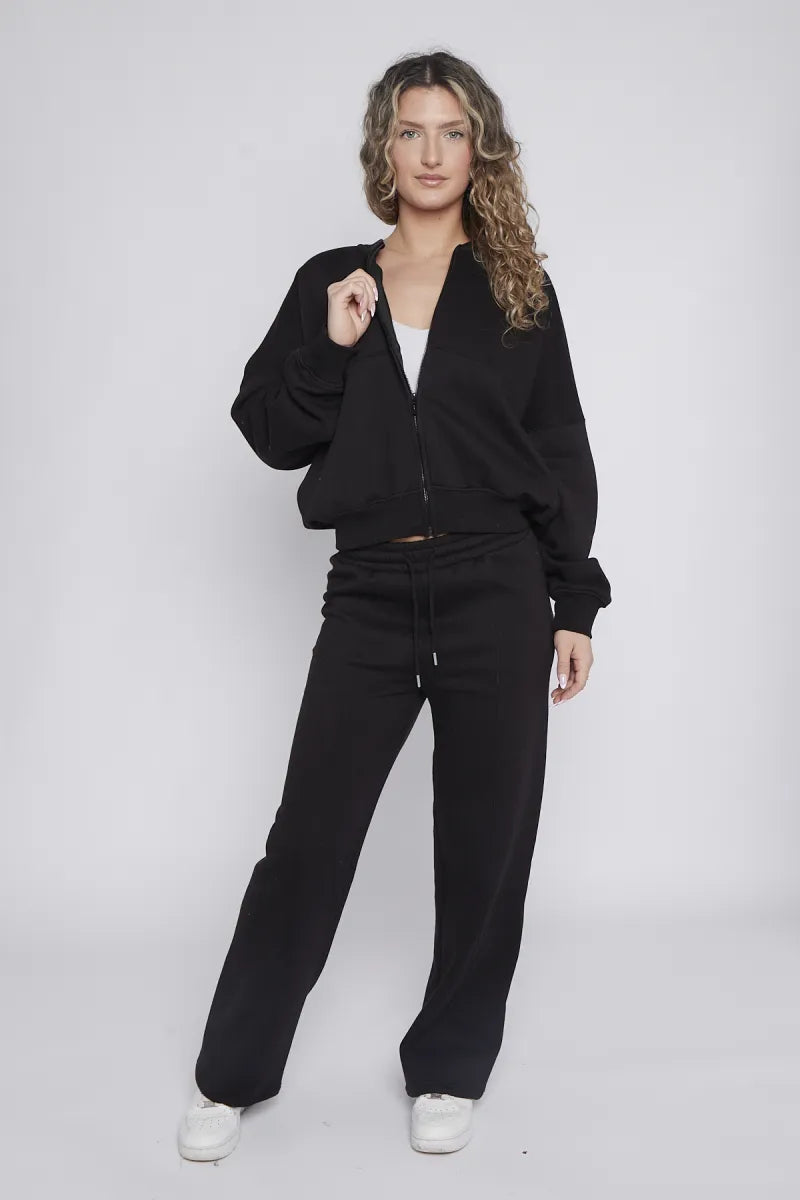 Black Bomber Style Jacket & Wide Leg Bottoms Co-ord Loungewear Set