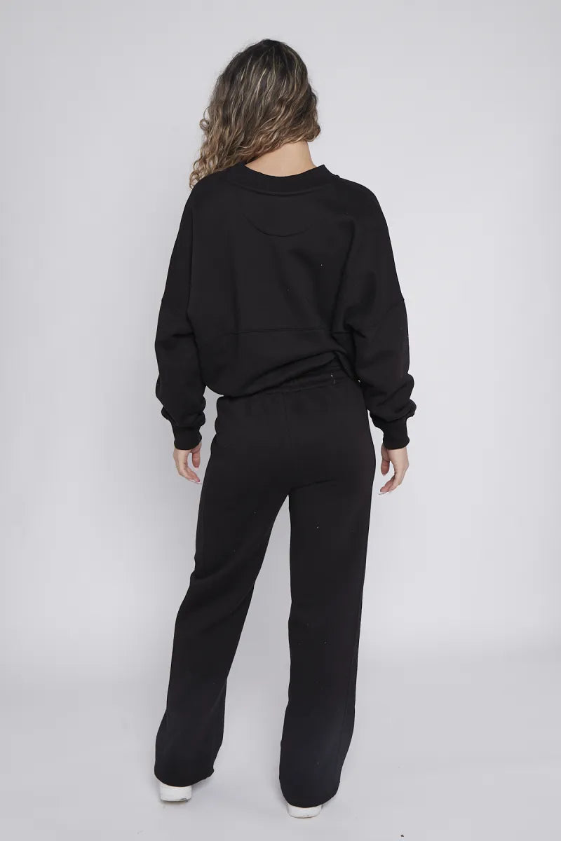 Black Bomber Style Jacket & Wide Leg Bottoms Co-ord Loungewear Set