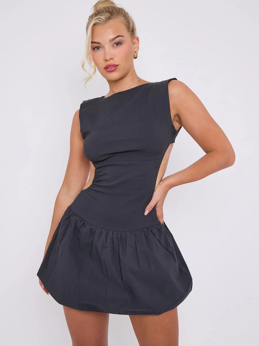 Black Cut Out Detail Puffball Balloon Dress