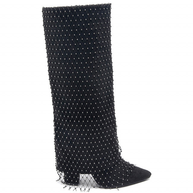 Black Diamante Mesh Overlay Fold Over Cowboy Boots