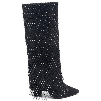 Black Diamante Mesh Overlay Fold Over Cowboy Boots