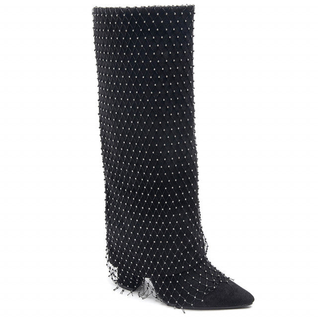 Black Diamante Mesh Overlay Fold Over Cowboy Boots