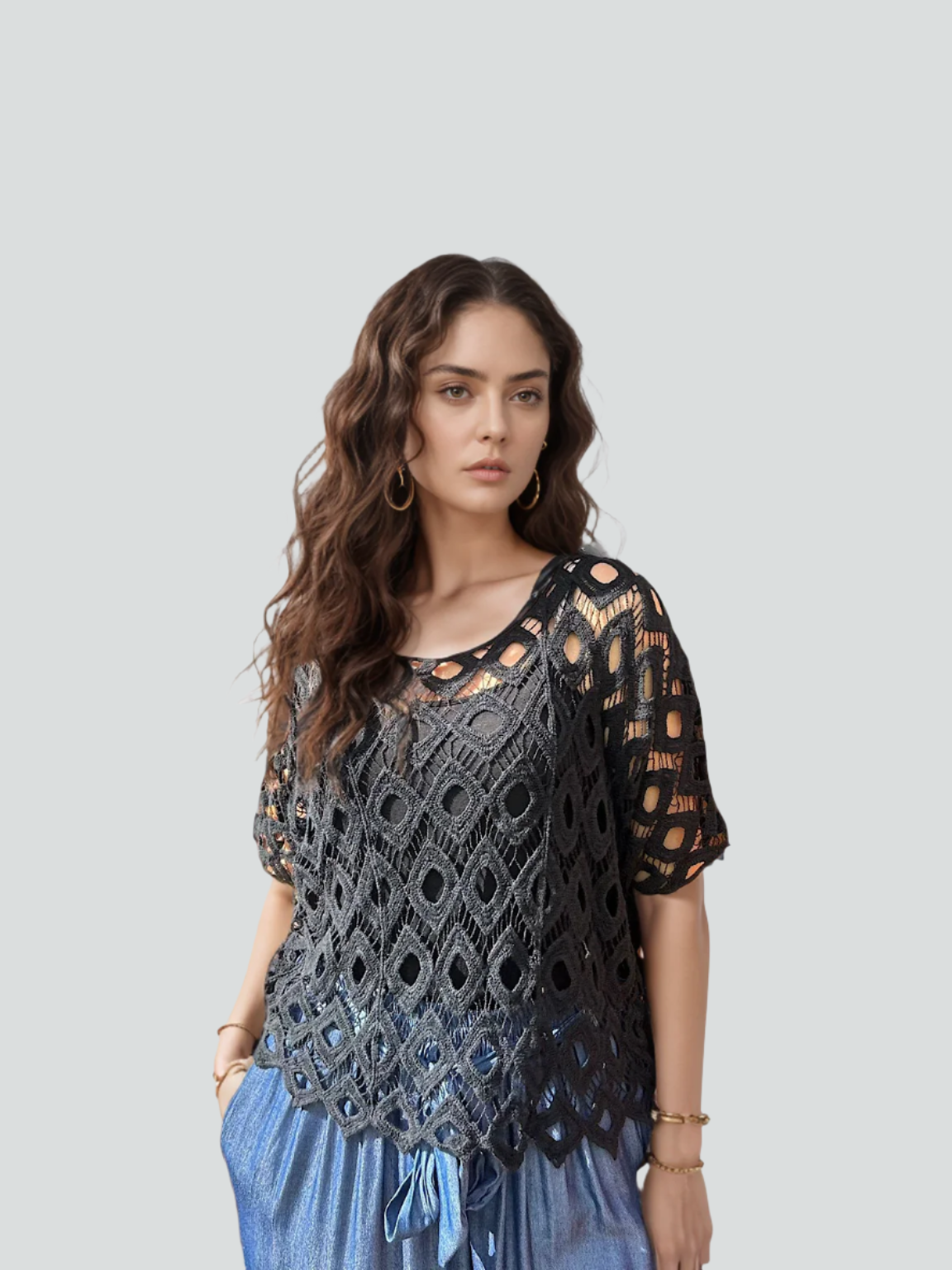 Black Diamond Crochet Two Piece Batwing Top