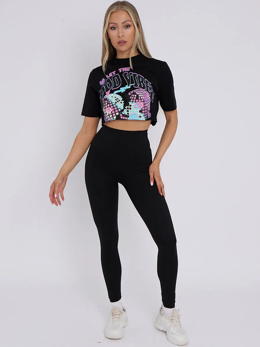 Black Disco Ball Graphic Printed Crop Top