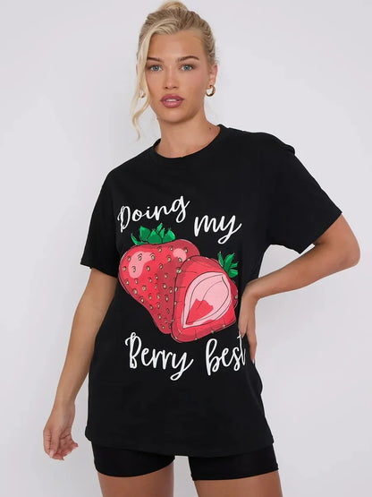 Black Doing My Berry Best Graphic Printed T-Shirt