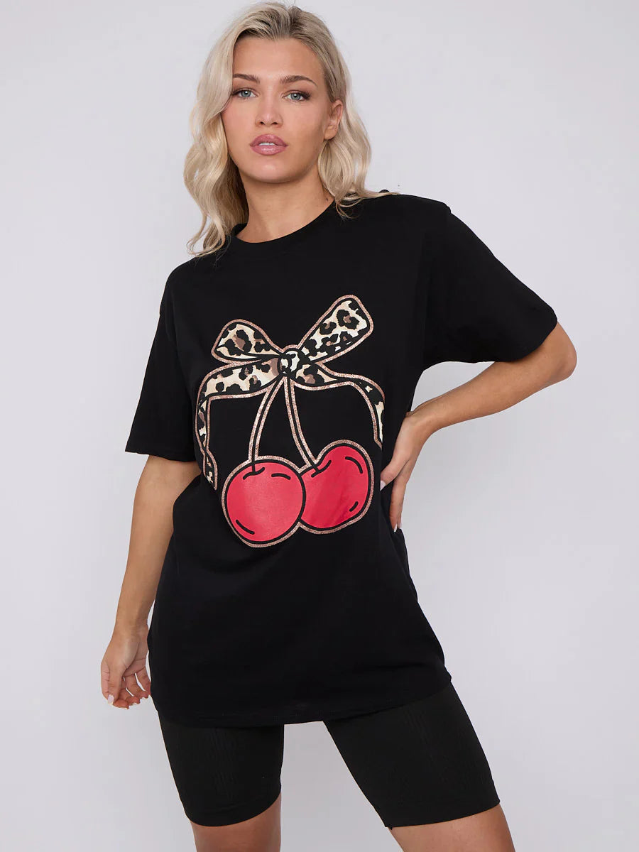 Black Leopard Print Bow Cherry Graphic Printed T-Shirt