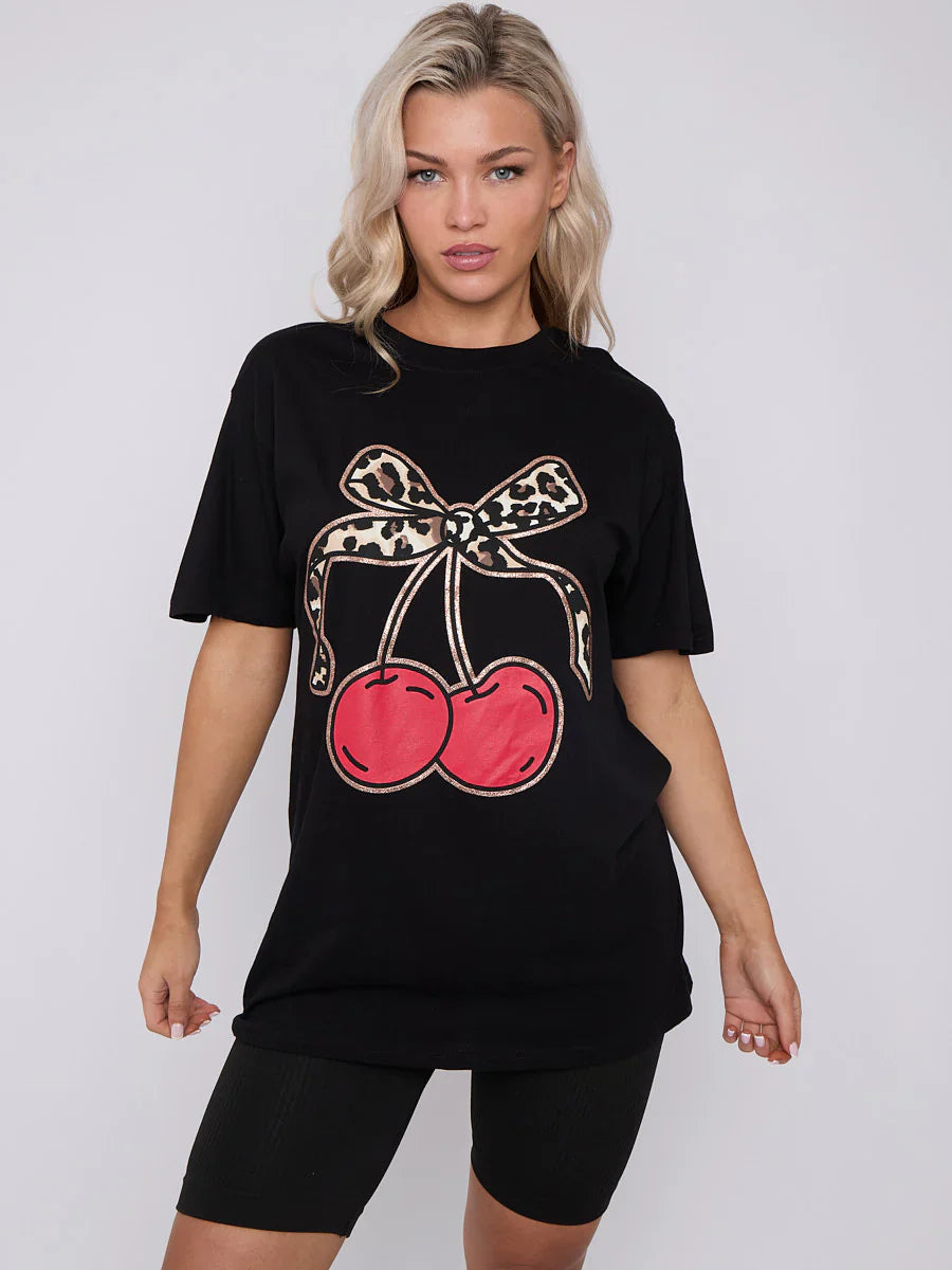 Black Leopard Print Bow Cherry Graphic Printed T-Shirt