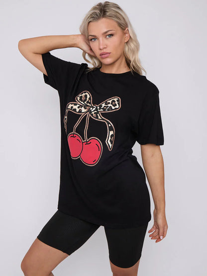 Black Leopard Print Bow Cherry Graphic Printed T-Shirt