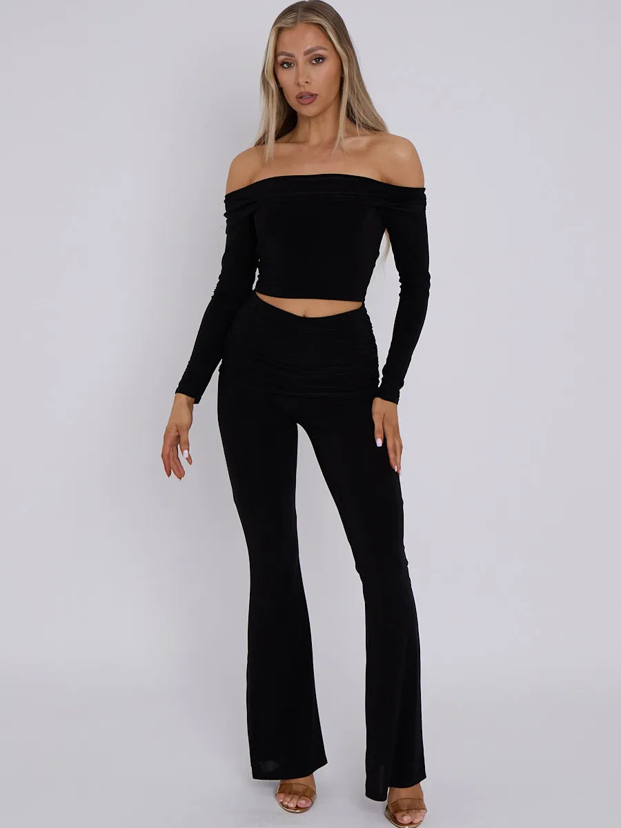 Black Slinky Off Shoulder Crop Top & Fold Over Flares Trousers Co-ord Set