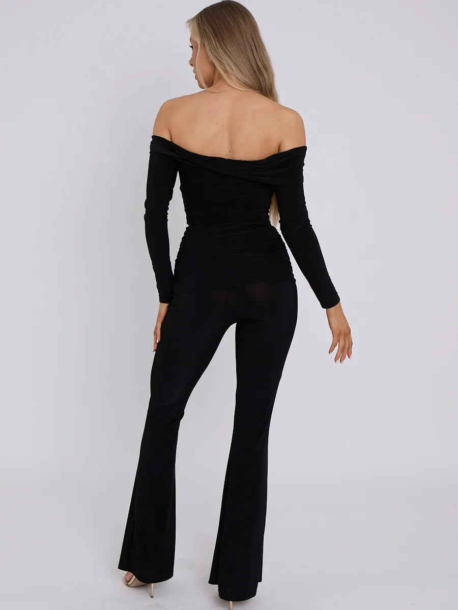 Black Slinky Off Shoulder Crop Top & Fold Over Flares Trousers Co-ord Set