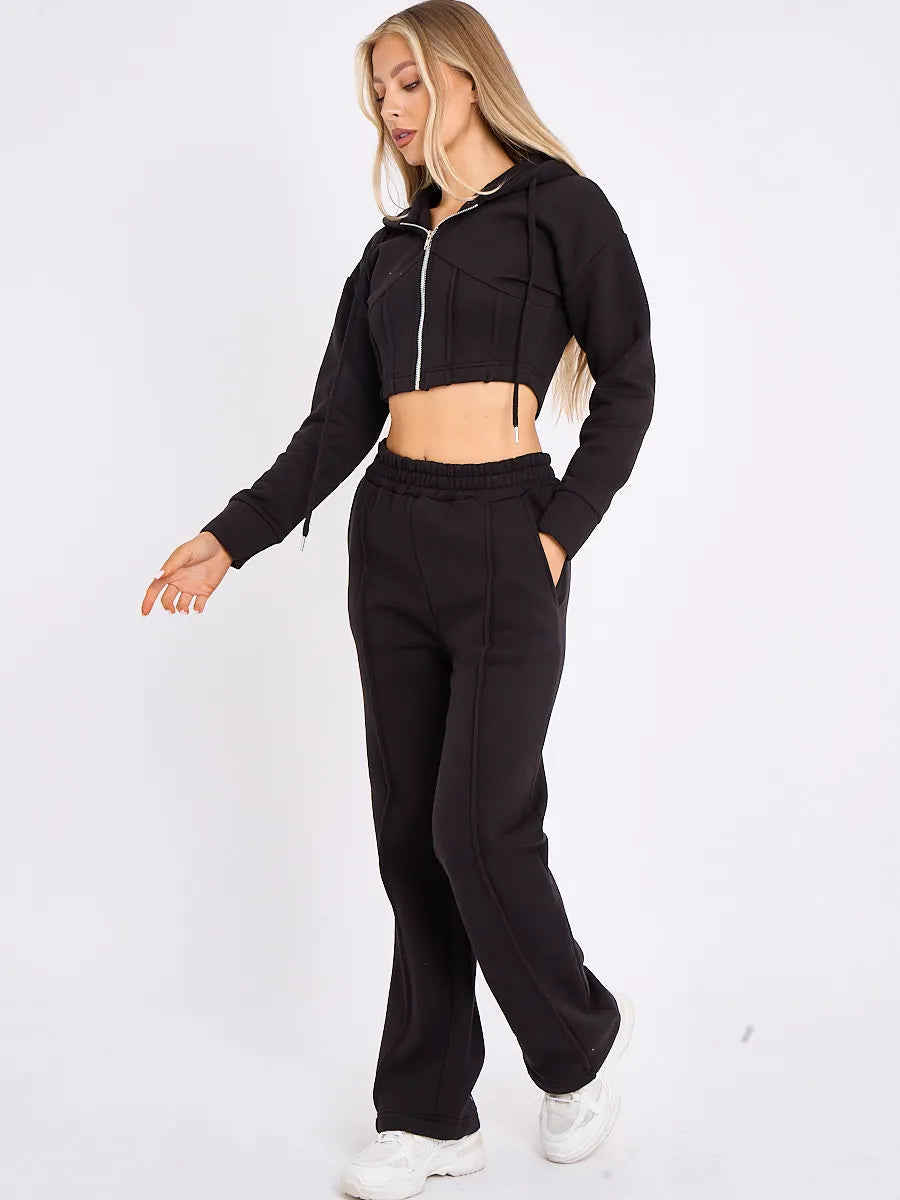 Black Zip Up Cropped Hoodie & Wide Leg Joggers Loungewear Set