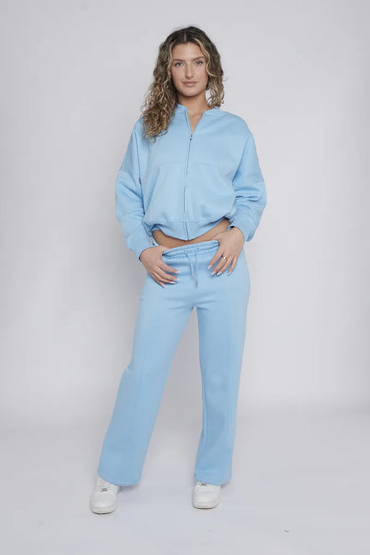 Blue Bomber Style Jacket & Wide Leg Bottoms Co-ord Loungewear Set