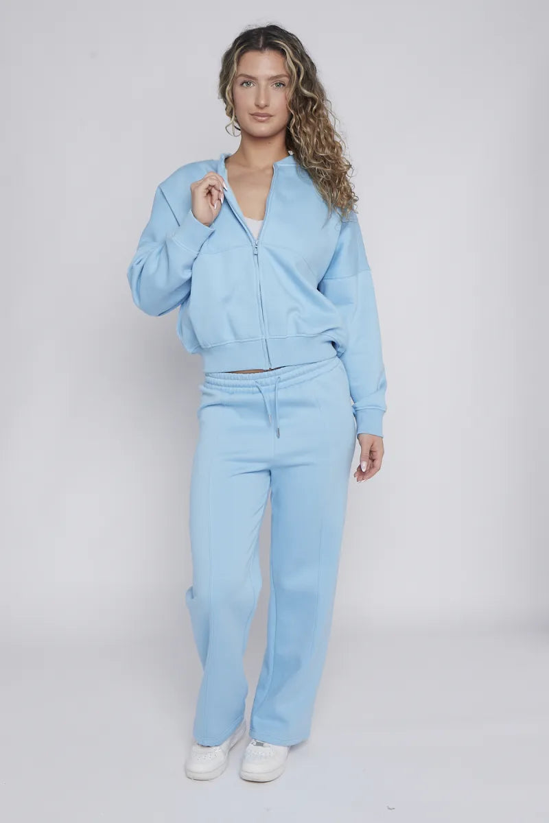 Blue Bomber Style Jacket & Wide Leg Bottoms Co-ord Loungewear Set