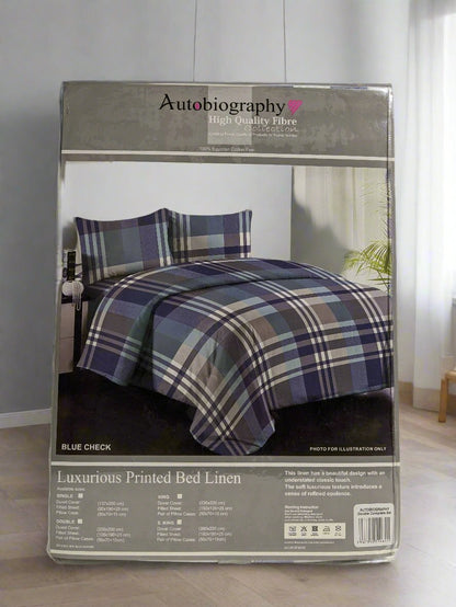 Blue Check Print Luxury Microfibre Double Complete Duvet Cover Set