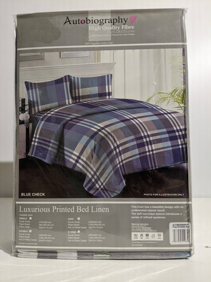 Blue Check Print Luxury Microfibre King Complete Duvet Cover Set