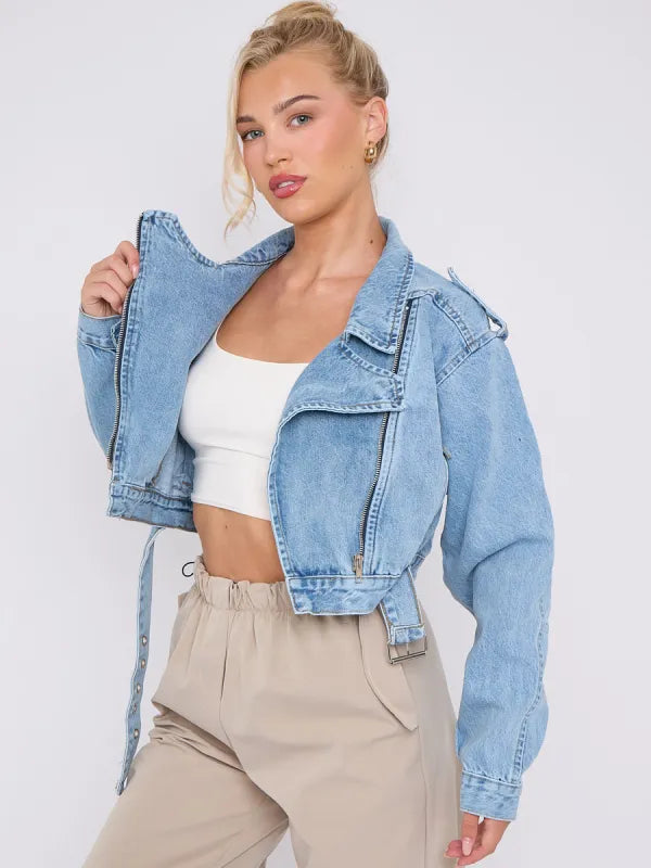 Blue Cropped Zip Up Biker Denim Jacket