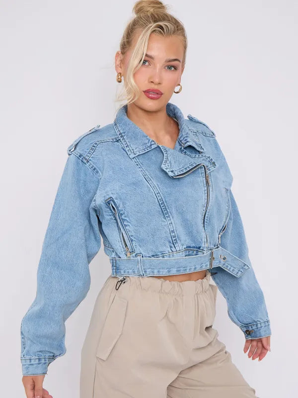 Blue Cropped Zip Up Biker Denim Jacket