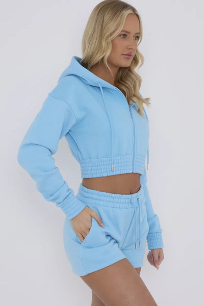 Blue Cropped Zip Up Hoodie & Shorts Loungewear Co-ord