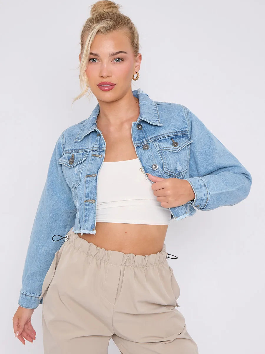 Blue Denim Distressed Cropped Jacket With Pockets