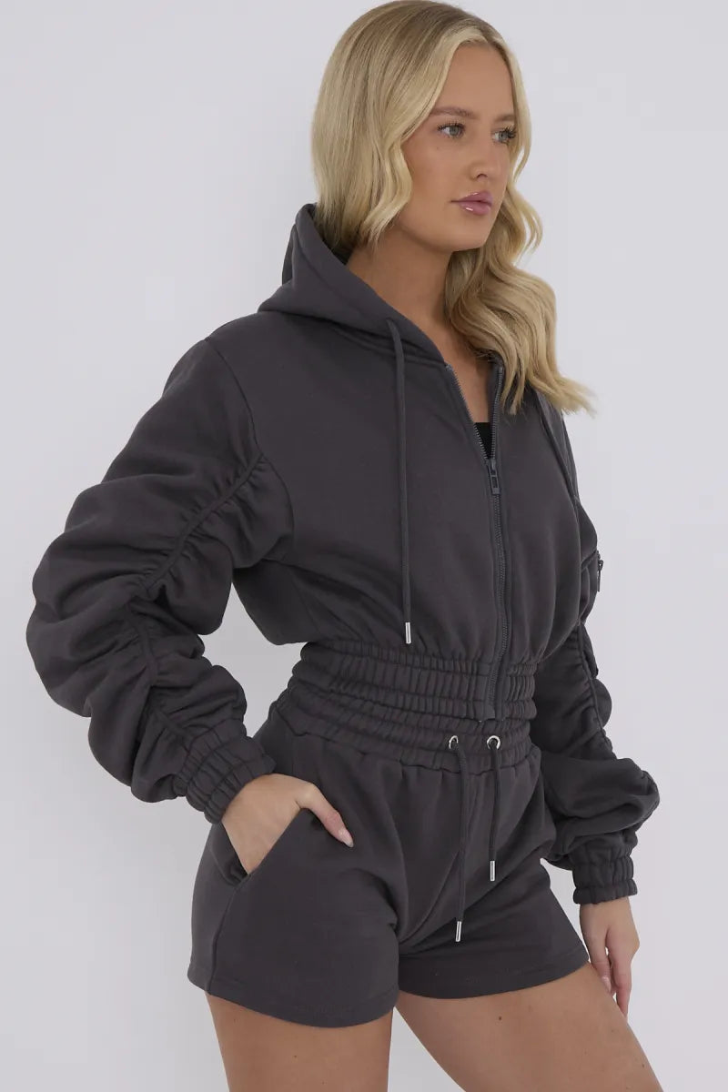 Charcoal Grey Cropped Ruched Sleeve Hoodie & Shorts Loungewear Co-ord