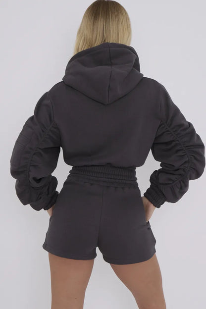 Charcoal Grey Cropped Ruched Sleeve Hoodie & Shorts Loungewear Co-ord