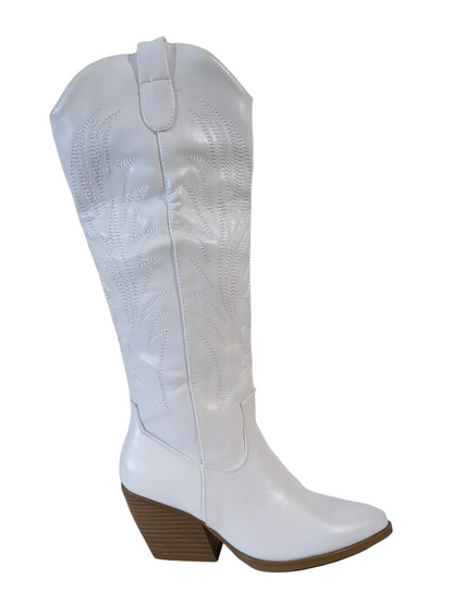 White Knee High Western Style Cowboy Boots