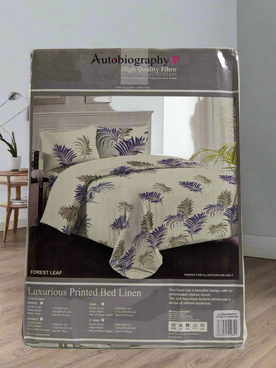 Cream & Blue Leaf Print Luxury Microfibre Double Complete Duvet Cover Set