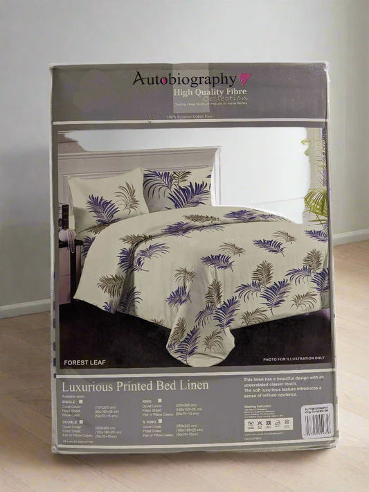 Cream & Blue Leaf Print Luxury Microfibre King Complete Duvet Cover Set