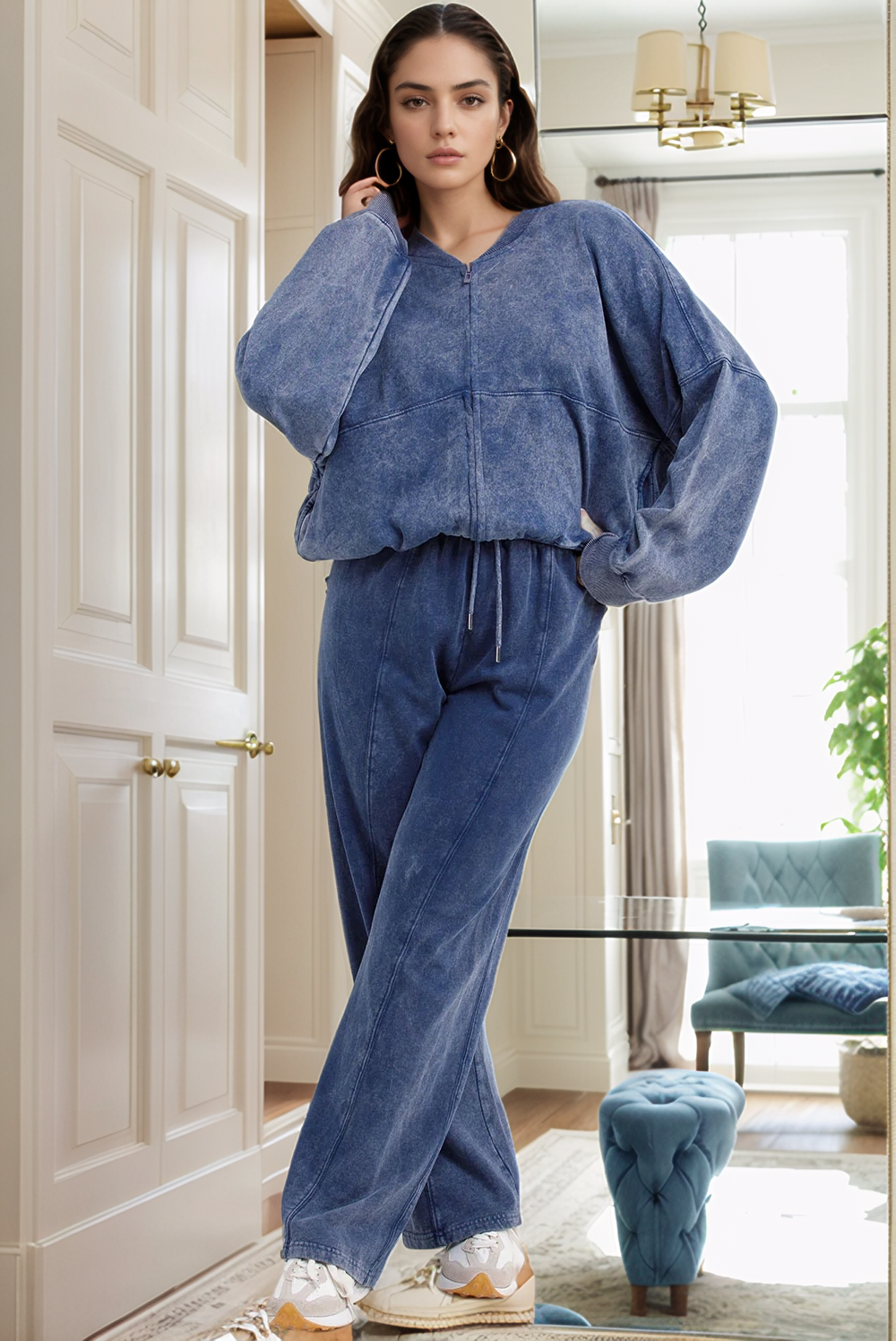 Denim Blue Acid Wash Oversized Bomber Zipper Loungewear Co-ord