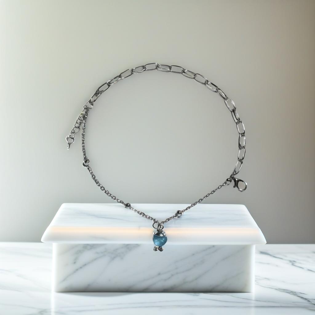 Silver Blue Round Charm Link Bracelet