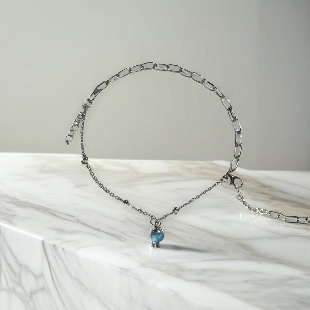 Silver Blue Round Charm Link Bracelet